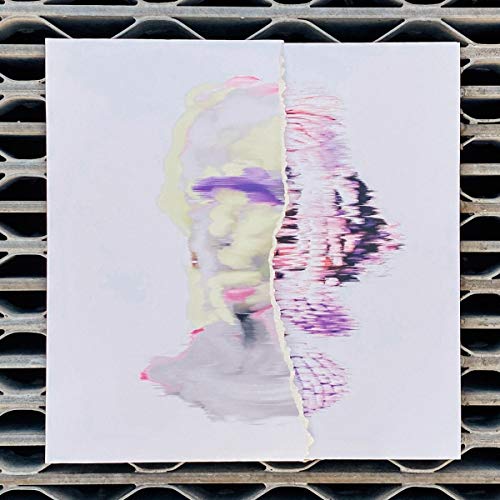 Square vinyl record cover with abstract, distorted face in pink and purple.