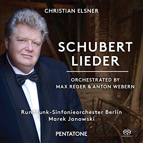 Christian Elsner in tuxedo on CD cover with title "Schubert Lieder" and orchestra details.