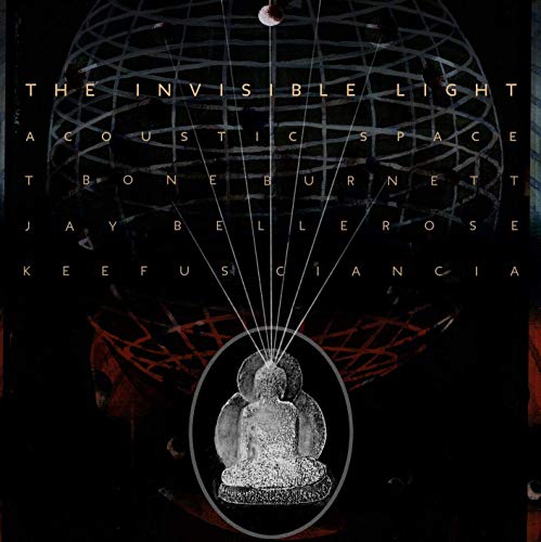 Vinyl album cover with a Buddha statue and geometric globe on a dark background.