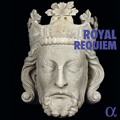 Stone sculpture of a crowned head with the text “Royal Requiem”.