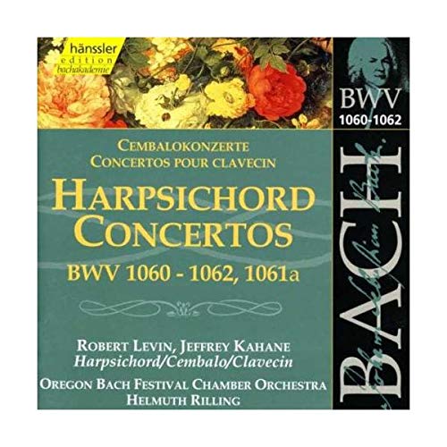 CD cover for J.S. Bach harpsichord concertos with floral image and portrait.