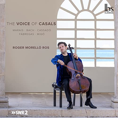 CD cover: cellist Roger Morelló Ros in blue suit, coastal background.