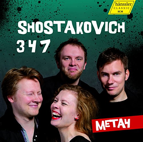 "CD cover with four musicians and 'Shostakovich 347' text on a green background."