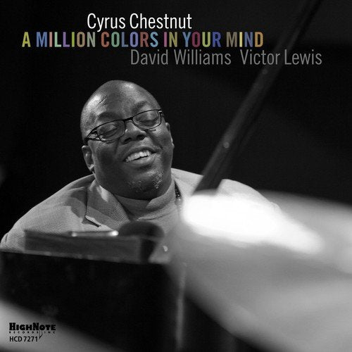Black and white photo of man playing piano with colorful album title text overlay.