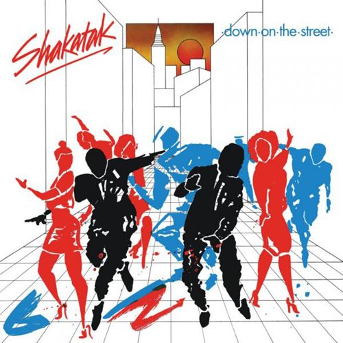 "Album cover with dancing silhouettes in red, blue, and black, against a cityscape."