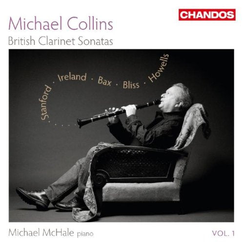 "CD cover with a man playing clarinet while seated in an armchair."