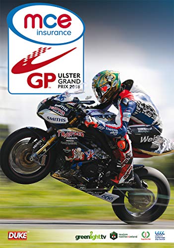 A motorcycle racer performing a wheelie on a track, with Ulster Grand Prix branding.