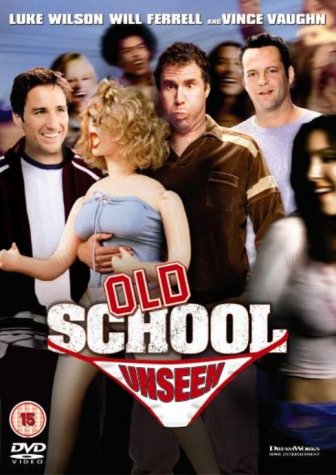 "Old School DVD cover featuring three men and a woman, with title text."
