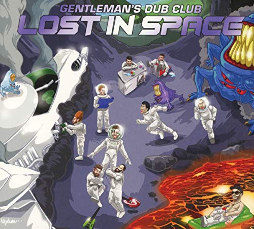 "Album cover art featuring cartoon astronauts in space with monsters and lava."