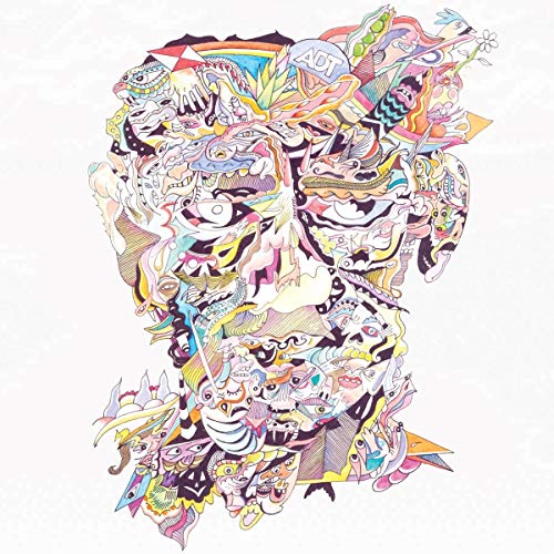 "Album cover art: abstract, multicolored illustration of a human head on a white background."