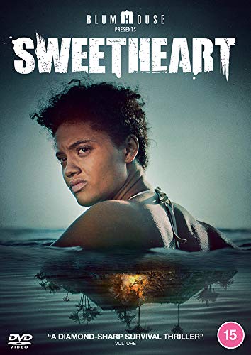 Woman with short hair in water with explosion behind her, DVD case for Sweetheart.