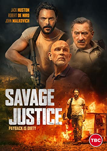 DVD cover for "Savage Justice" featuring three men and a burning landscape.