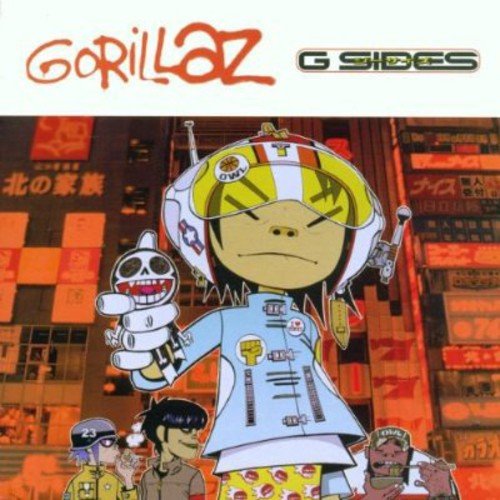 "Album cover art for Gorillaz - G-Sides featuring cartoon characters in a cityscape."