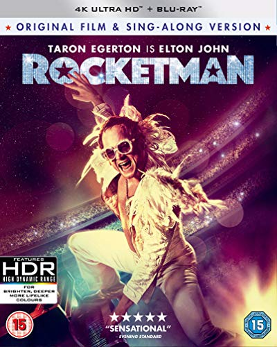 Rocketman Blu-ray cover featuring Taron Egerton as Elton John performing.