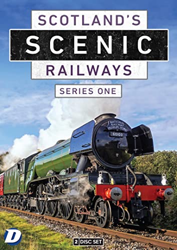 Steam train on railway tracks, DVD cover for “Scotland’s Scenic Railways.”