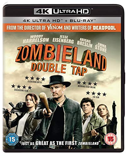 “Zombieland: Double Tap” Blu-ray cover featuring Woody Harrelson and cast with zombies.