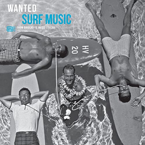 Vintage album cover featuring surfers and a lei-wearing man in water.