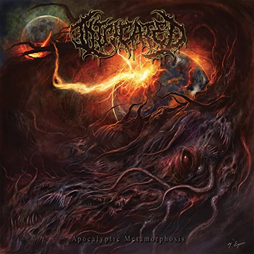 Dark album cover with fiery, monstrous imagery and a glowing planet.
