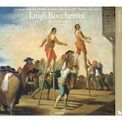 "CD cover with painting of men on stilts, surrounded by onlookers, with title 'Luigi Boccherini'."