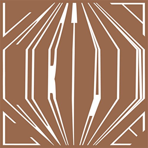 Brown square with white, symmetrical, abstract design resembling a stylized, mirrored shape.