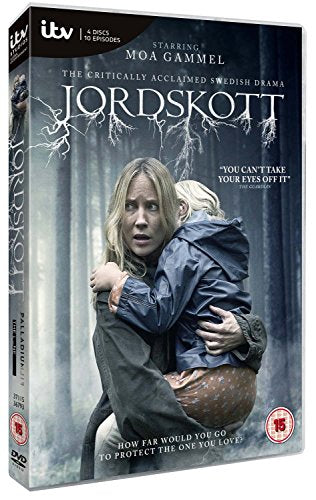 DVD case for "Jordskott" with a woman holding a child, dark forest background.