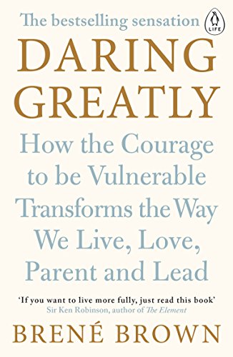 "Daring Greatly" book cover with beige background, blue and brown text, and Penguin logo.