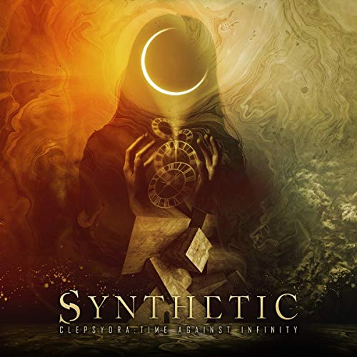 Dark figure with clockwork hands under a crescent moon, album art.
