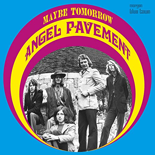 "Album cover with black and white band photo surrounded by pink and yellow rings."