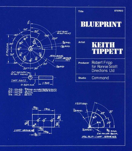 "Album cover with blueprint design, titled 'Blueprint' by Keith Tippett on dark blue background."