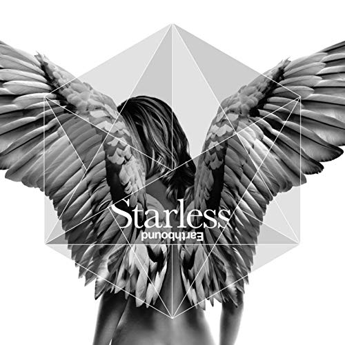 Black and white image of a person with large feathered wings and geometric overlay.