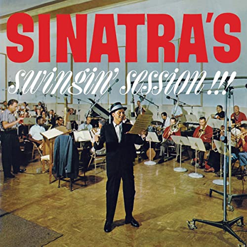 Frank Sinatra conducting a big band in a recording studio, album cover.