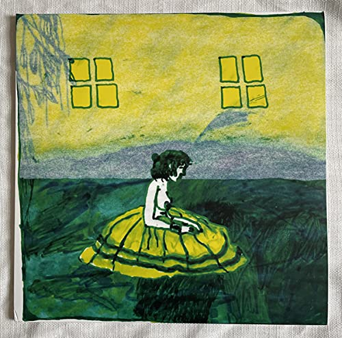 Painted album cover with a figure sitting in a field under a yellow sky.