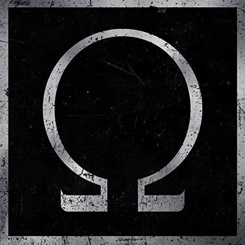 Black square with a white Omega symbol, distressed texture.