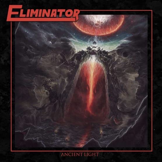 Eliminator’s “Ancient Light” album cover: dark, surreal landscape with red light.