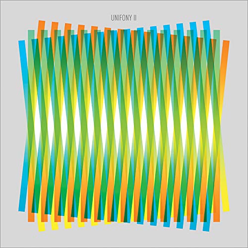 The image depicts a vibrant, abstract design featuring a collection of colorful, vertical stripes. The stripes are arranged in a seemingly random pattern, with some overlapping or blending together. The colors used are predominantly shades of green, blue, and yellow, with accents of orange. The overall effect is one of dynamic energy and movement. In the top center of the image, the text "UNIFONY II" is displayed in small, black letters. The background of the image is a light gray color, which
