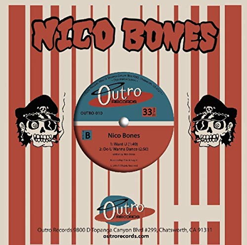 7-inch vinyl record with red and white striped cover, skull illustrations.