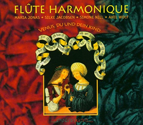 "Album cover with medieval painting of two women, red and green abstract background."