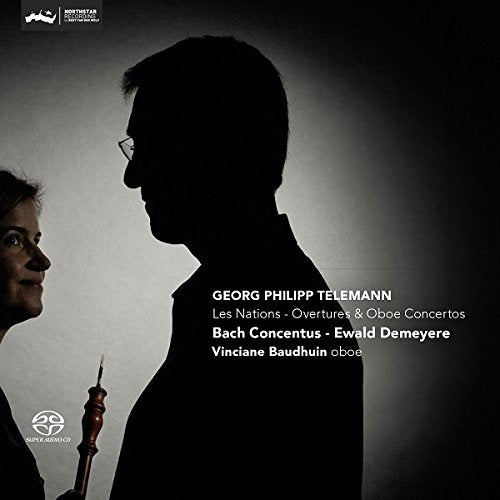 CD cover: silhouettes of musicians, text “Telemann: Les Nations,” and oboe.