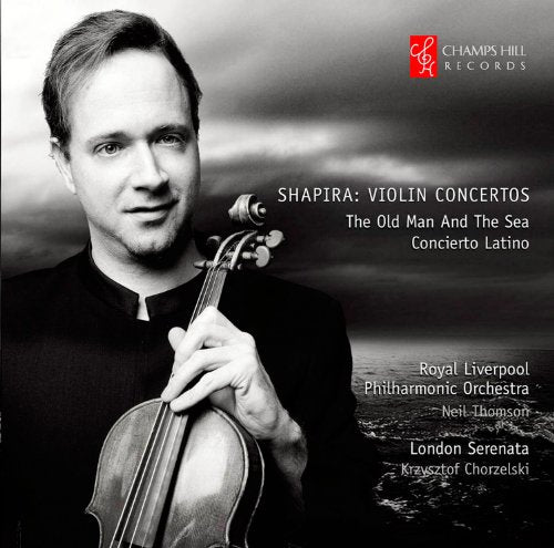 Violinist holding a violin, album cover for Shapira’s violin concertos.