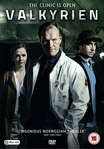 DVD cover for "Valkyrien" featuring three people, one in a lab coat, with dark background.
