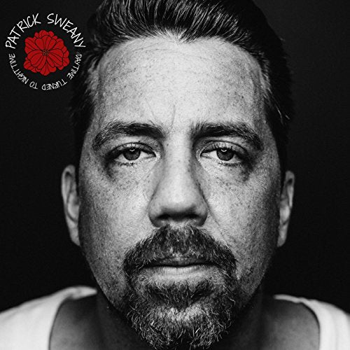 Black and white album cover featuring a man's face with a red flower logo.