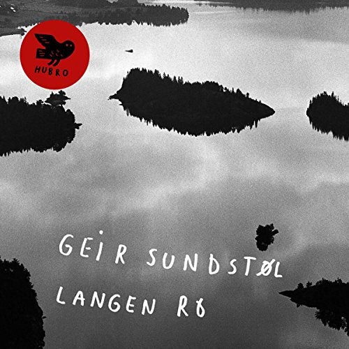 Black and white lake scene with islands, text, and a red circular logo.