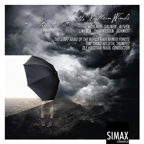 A CD cover with a person holding an umbrella in a stormy landscape.