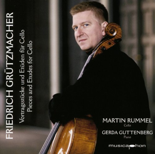 Man holding a cello, with text on the left and bottom right.