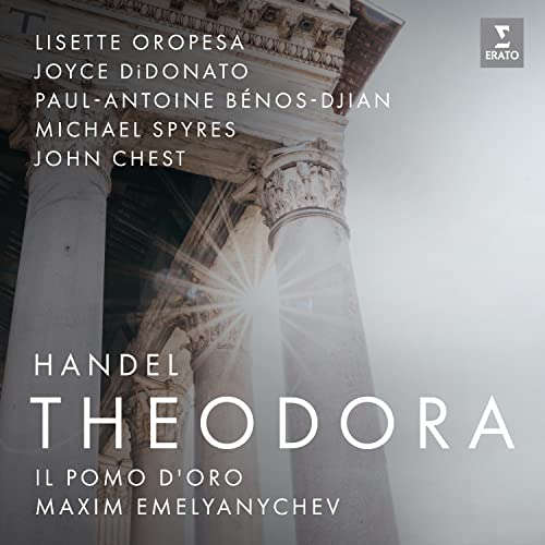 CD cover for Handel’s “Theodora” featuring classical columns and text.