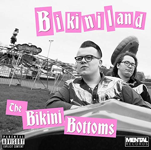 "B&W album cover with two men in a car, pink text overlays, and carnival background."