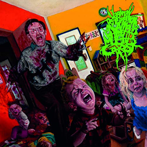 Horror album cover with distressed figures and green, dripping text.