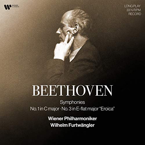 "Vinyl record cover featuring sepia-toned image of Beethoven with text describing the content."
