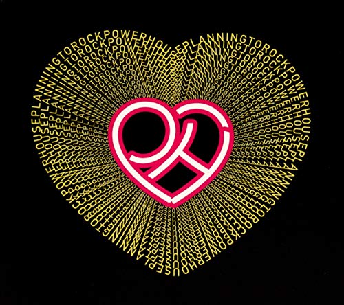 Black background with a heart-shaped design of text and a pink symbol.