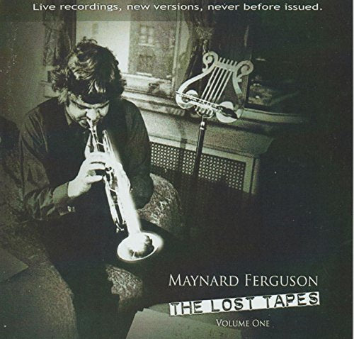 "Album cover with man playing trumpet, harp on fireplace mantle, sepia tone."